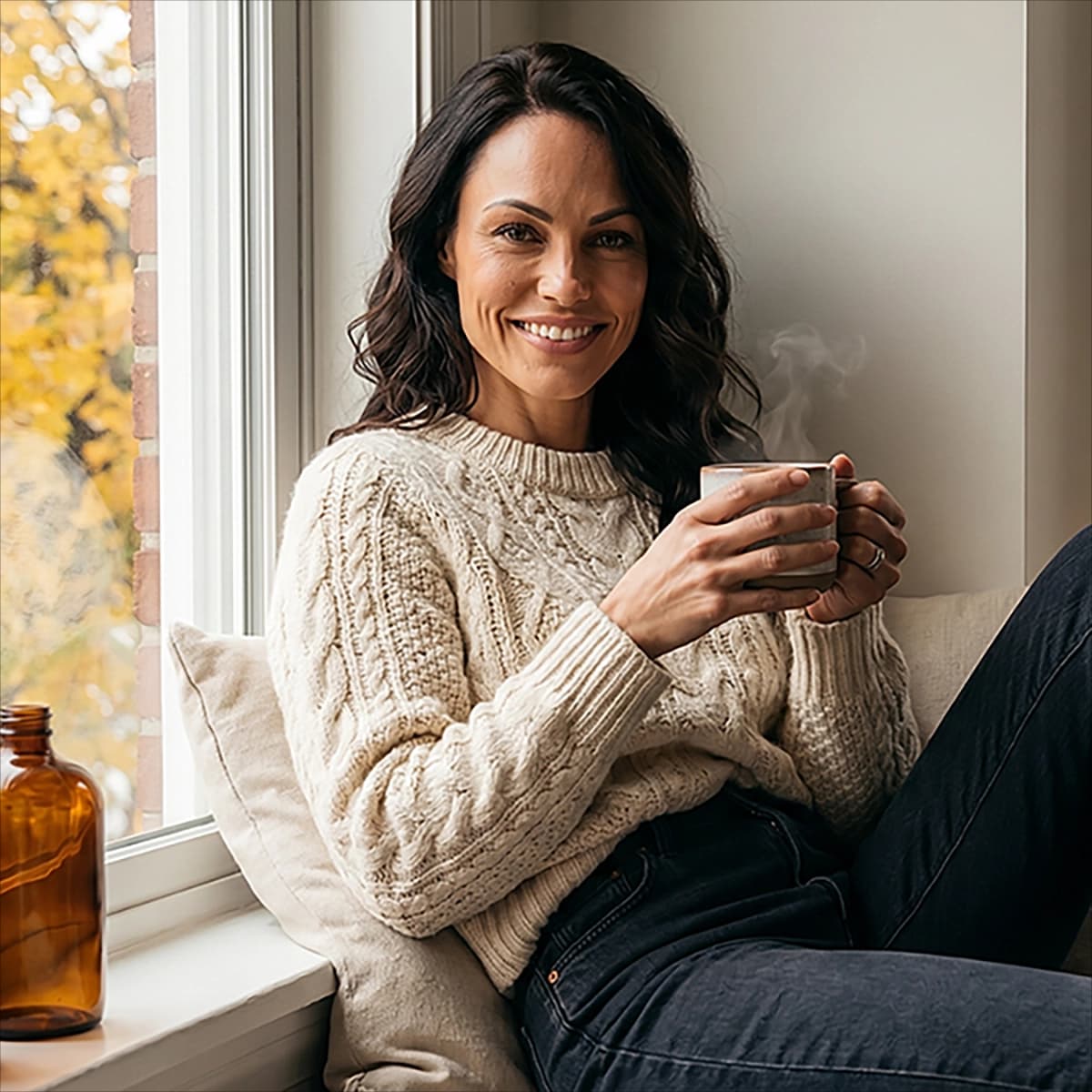 Olivia Morgan in a cream cable-knit sweater, holding a mug beside a window