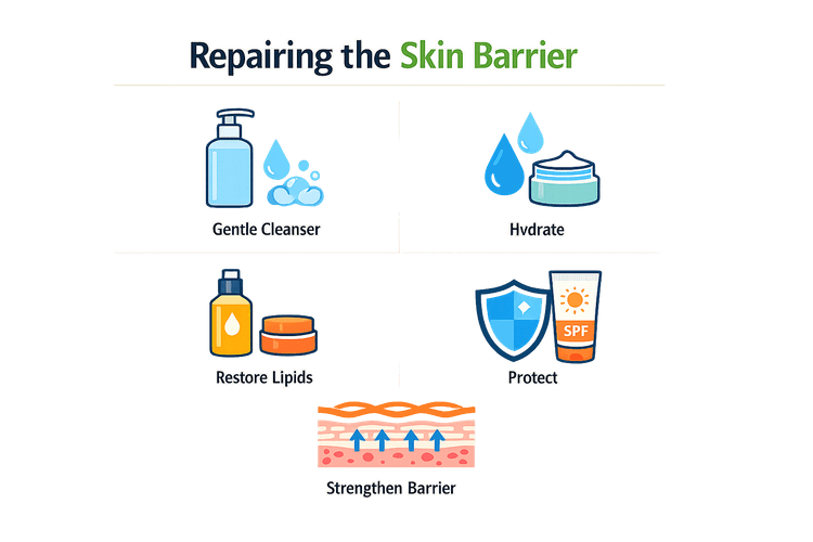 Step-by-step infographic for damaged skin barrier repair protocol
