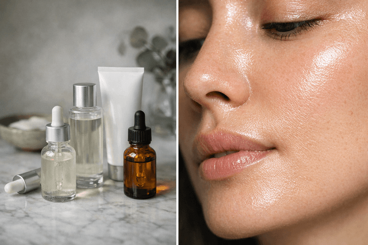 Glycolic Acid and Retinol products with glowing skin