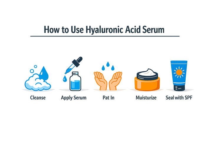 Infographic of step-by-step guide for using hyaluronic acid serum application on damp skin