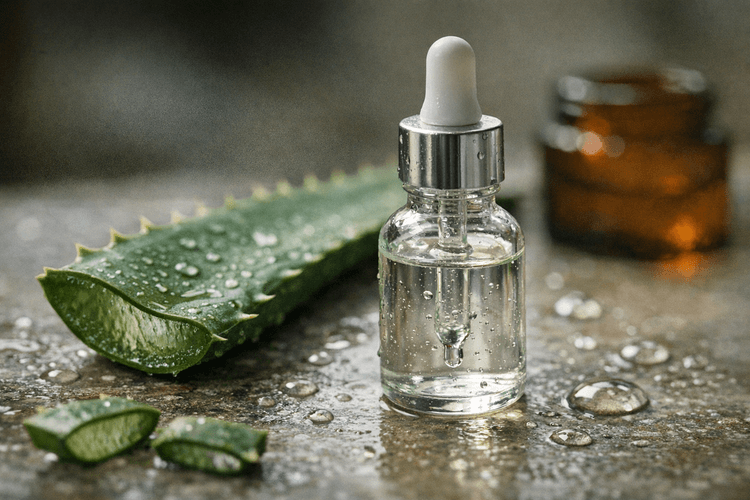 Close-up of hyaluronic acid serum with aloe vera and water droplets