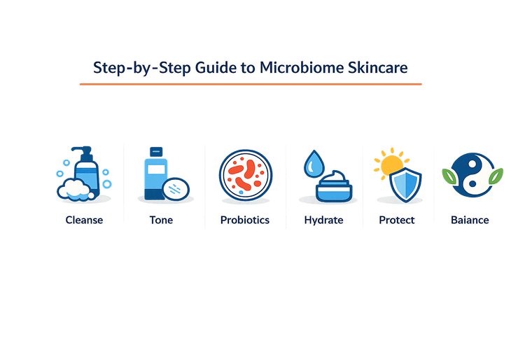 Step-by-step guide to microbiome skincare showing gentle cleansing and probiotic application for skin microbiome health