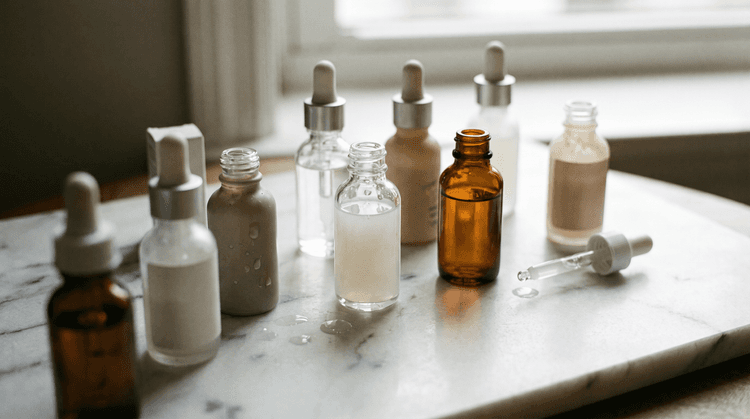 Various peptide serums on a marble surface