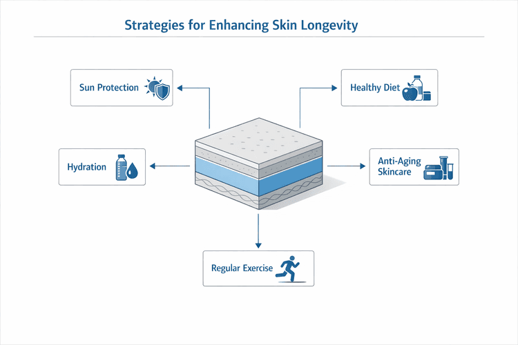 Diagram of strategies for enhancing aging well skincare through skin longevity practices