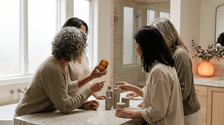 Middle-aged women discussing skincare in a bathroom