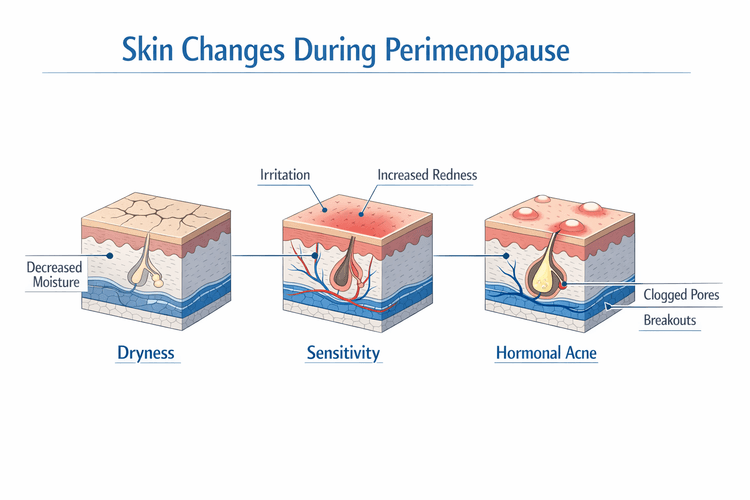 Common skin changes during perimenopause including dryness, sensitivity, and uneven tone