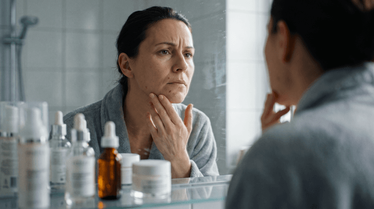A woman in her 40s looking at her skin in the mirror, concerned about hormonal acne.