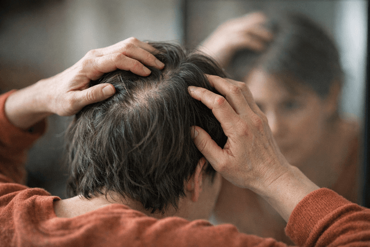 A person examining their hair in a mirror, highlighting hair thinning.