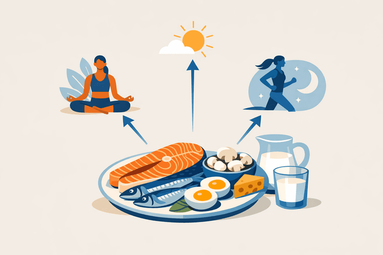 Vitamin D rich foods including fatty fish, fortified dairy, and sunshine representing lifestyle changes for addressing vitamin d deficiency hair loss