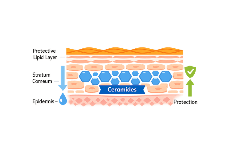 Infographic showing skin barrier layers and ceramide functions.