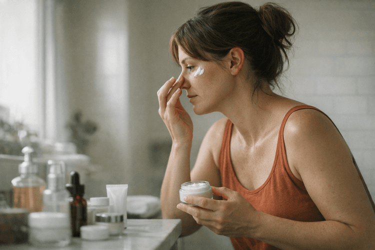 A woman applying skincare products in a bathroom